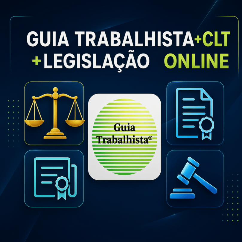 Modernize the provided square promotional graphic while preserving the exact existing central Guia Trabalhista® logo and the exact phrases: “GUIA TRABALHISTA + CLT” and “+ LEGISLAÇÃO ONLINE”. Keep the same core subject matter and legal/workplace identity: scales of justice, legal documents, gavel, and the logo. Create a cleaner contemporary editorial design with refined typography, stronger hierarchy, generous spacing, subtle depth, polished neon lime and cyan accents on a sophisticated deep navy background, and a premium professional digital-product look. Do not change, paraphrase, misspell, or remove the logo or any of the phrases. Ensure all text is legible and correctly rendered in Portuguese.